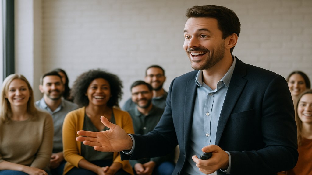 Eine Person hält eine Präsentation vor einem interessierten Publikum.