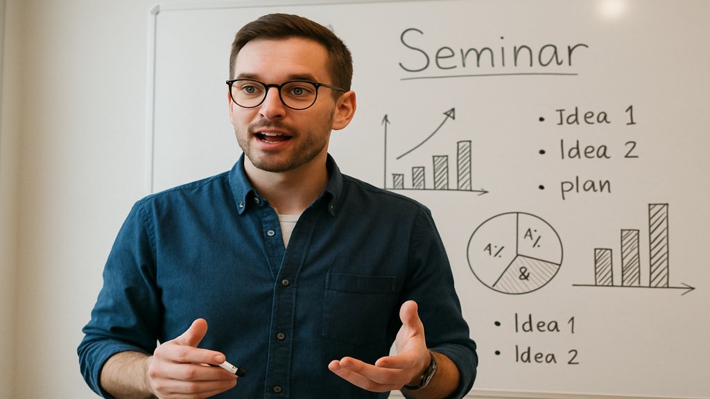Eine Person hält einen Vortrag vor einer kleinen Gruppe mit einem Whiteboard im Hintergrund.