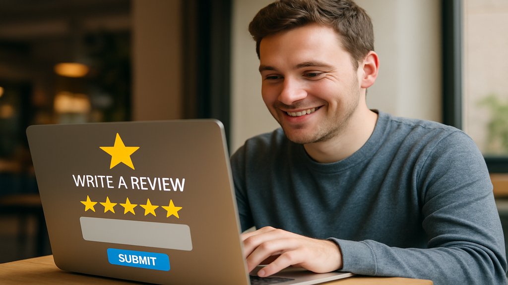 Eine Person schreibt eine Online-Bewertung auf einem Laptop.