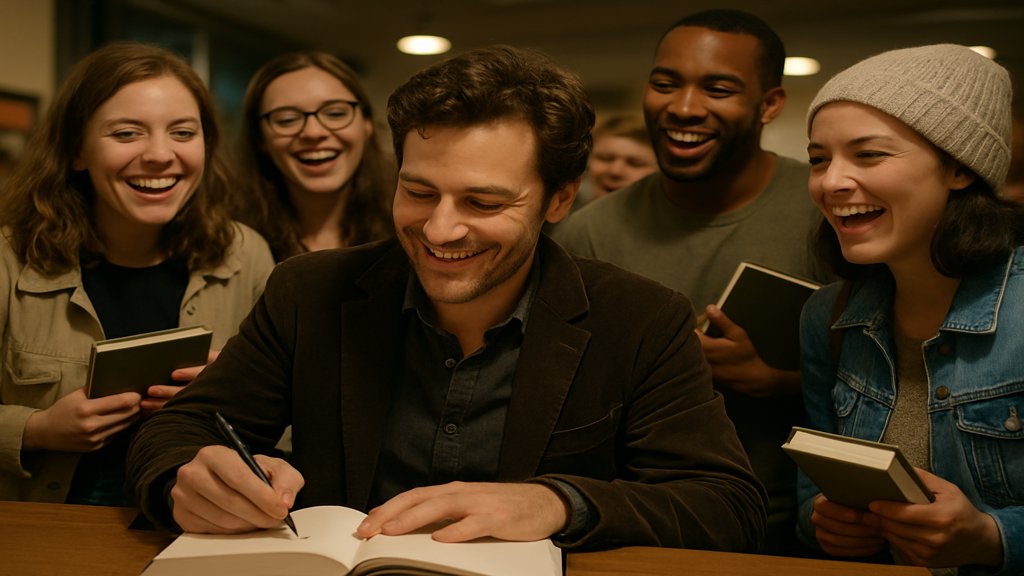 Eine Person signiert ein Buch und wird von einer Gruppe von Fans umringt.