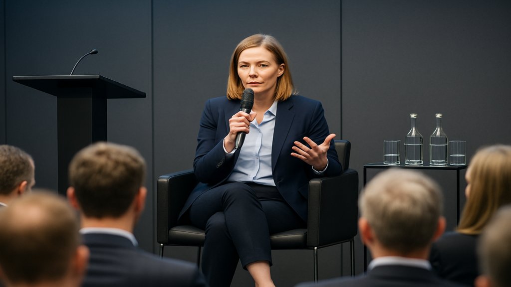 Expertin spricht auf einer Podiumsdiskussion, ein Beispiel für Thought Leadership.