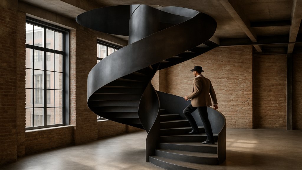 Extravagante Wendeltreppe in einem modernen Loft mit einer Person, die hinaufgeht.