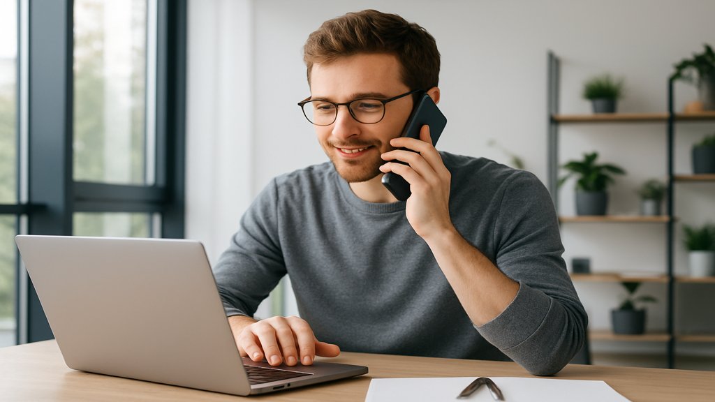 Freelancer bei der Arbeit, während er mit einem Geschäftspartner telefoniert.