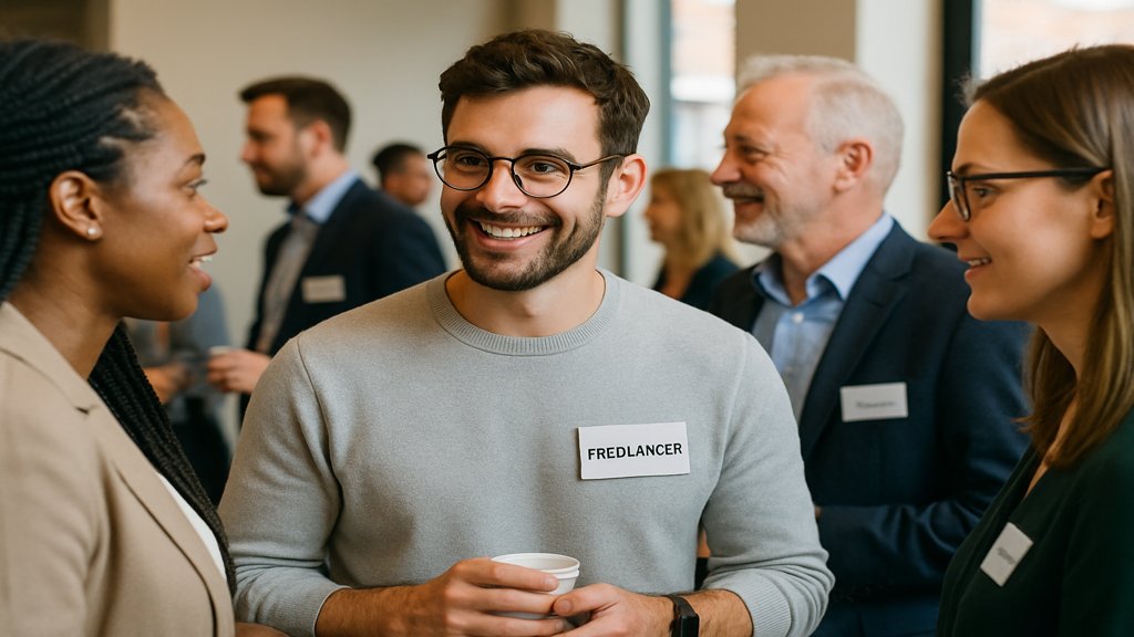 Freelancer bei einer Netzwerkveranstaltung im Gespräch mit anderen Teilnehmern.