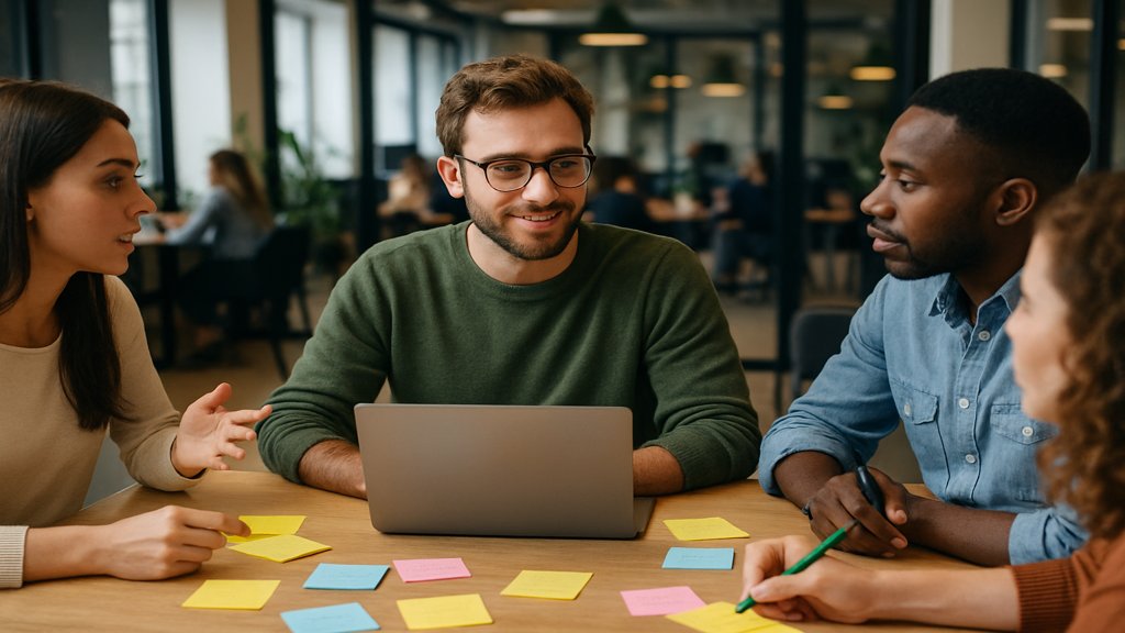 Freelancer in einem Coworking-Space mit Team beim Brainstorming.