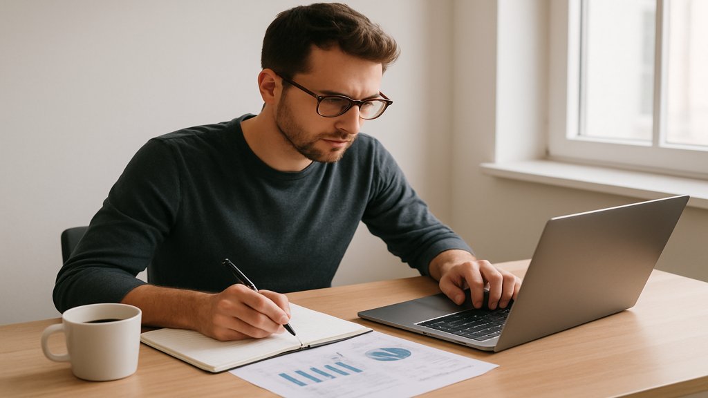 Freelancer organisiert Finanzen am Laptop mit Notizbuch.