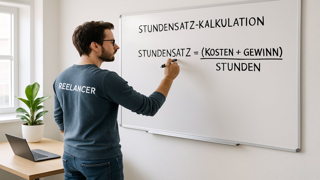 Freelancer schreibt eine Formel zur Stundensatz-Kalkulation auf ein Whiteboard.