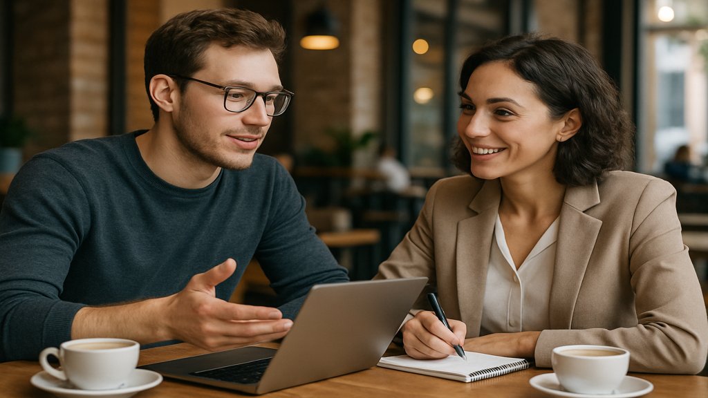 Freelancer spricht mit Kunde über ein Projekt in einem Café.