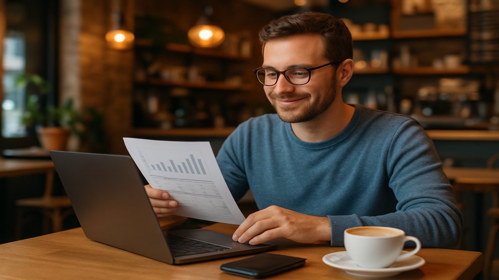 Freelancer überprüft seine Finanzen in einem Café.