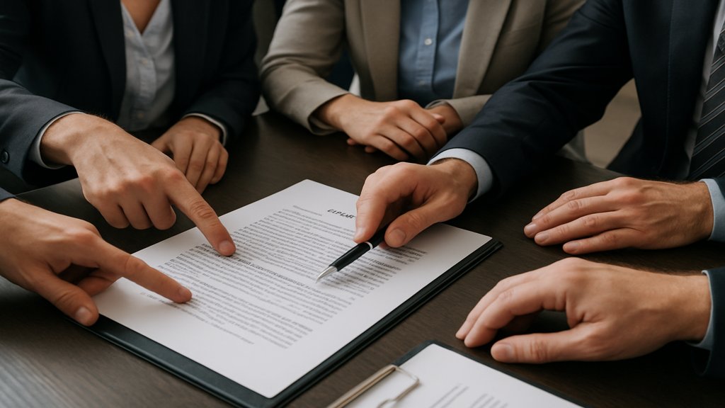 Geschäftsleute arbeiten gemeinsam an einem Vertrag.