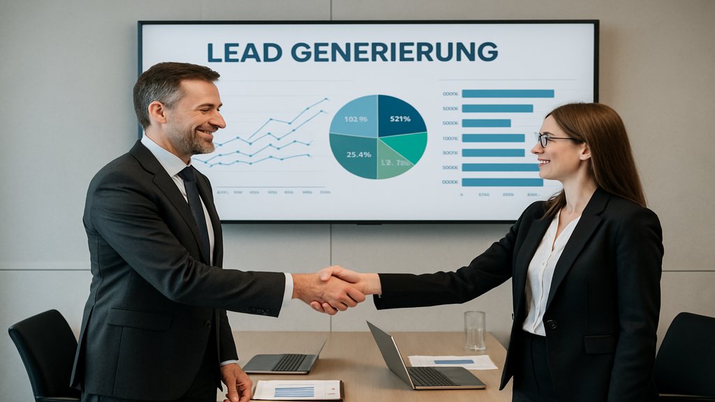 Geschäftsleute im Gespräch über B2B-Lead-Generierung.