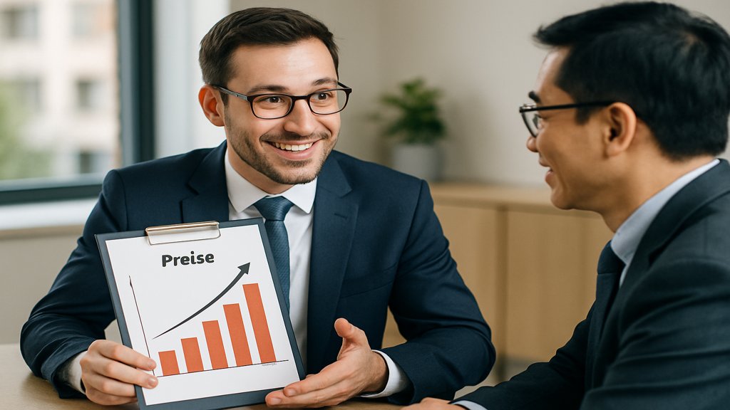 Geschäftsmann erläutert einem Kunden eine Preiserhöhung anhand einer Grafik.