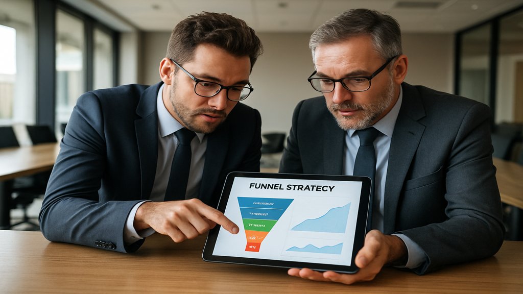 Geschäftspartner analysieren gemeinsam eine Funnel-Strategie auf einem Tablet.