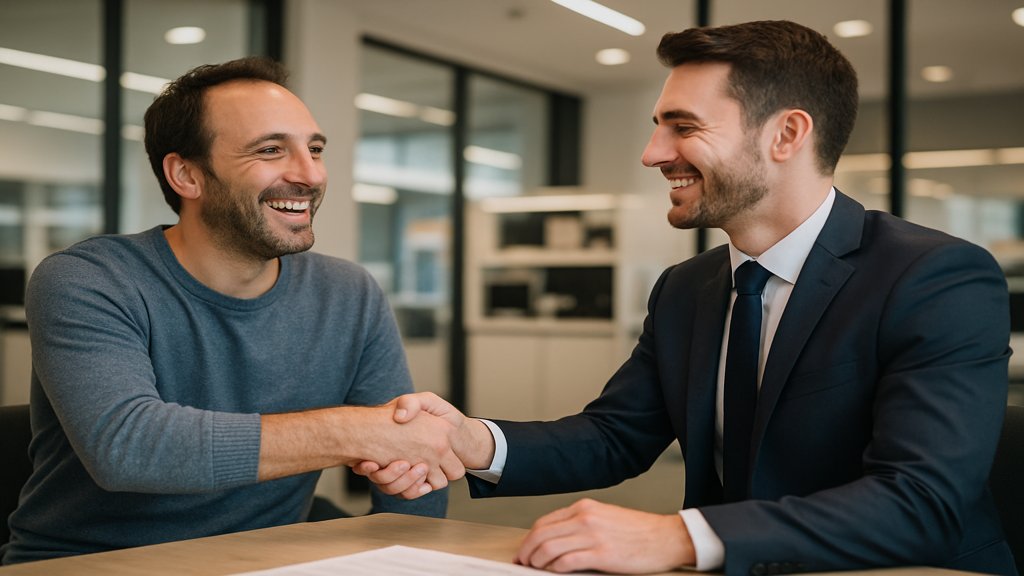 Glücklicher Kunde schüttelt einem Verkäufer die Hand nach erfolgreichem Gespräch.