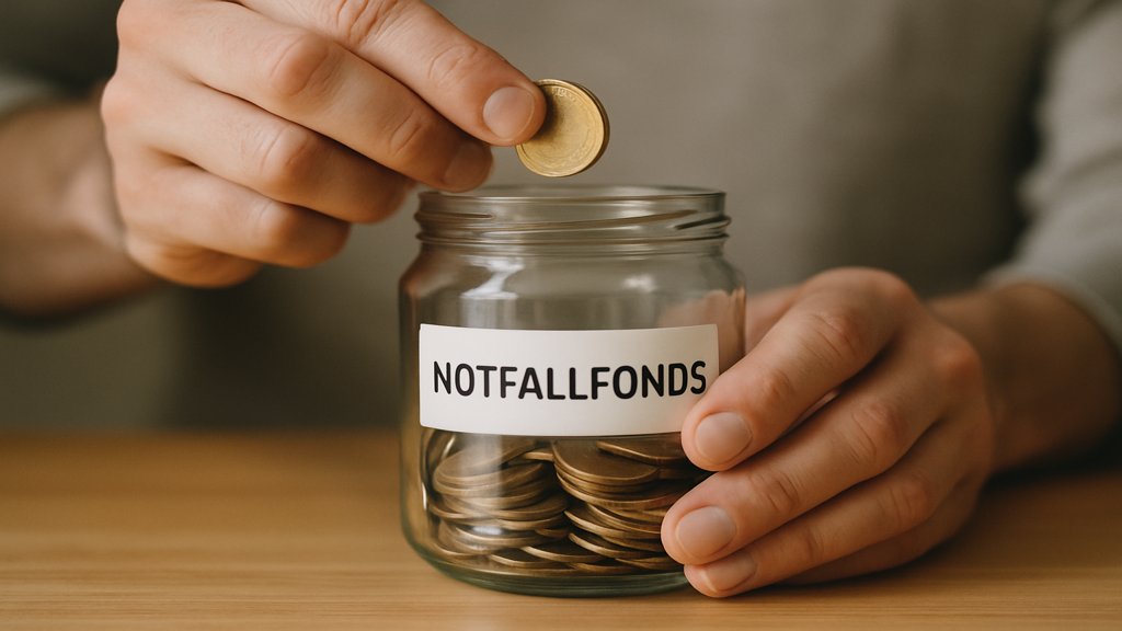 Hände legen Münzen in ein Glas mit der Aufschrift 'Notfallfonds'.