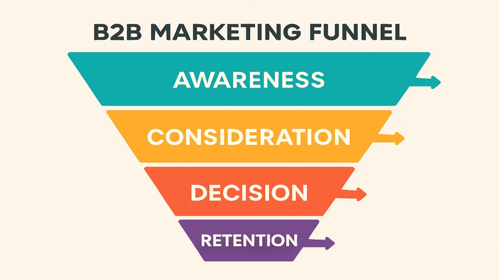 Infografik der Phasen eines B2B Marketing Funnels: Awareness, Consideration, Decision und Retention.
