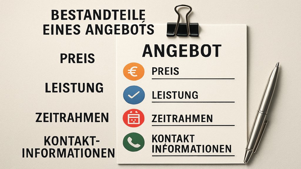 Infografik mit den Bestandteilen eines Angebots: Preis, Leistung, Zeitrahmen und Kontaktinformationen.
