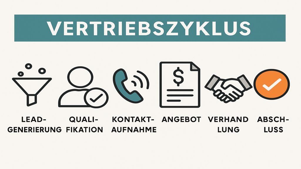 Infografik mit den Phasen eines Vertriebszyklus und kurzen Beschreibungen.