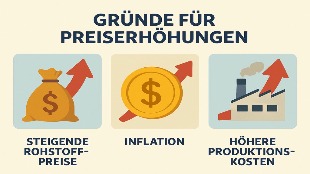 Infografik mit Gründen für Preiserhöhungen.