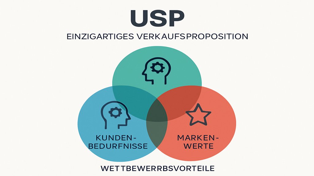 Infografik zeigt die Kernbestandteile eines USP: Bedürfnisse, Vorteile, Werte.