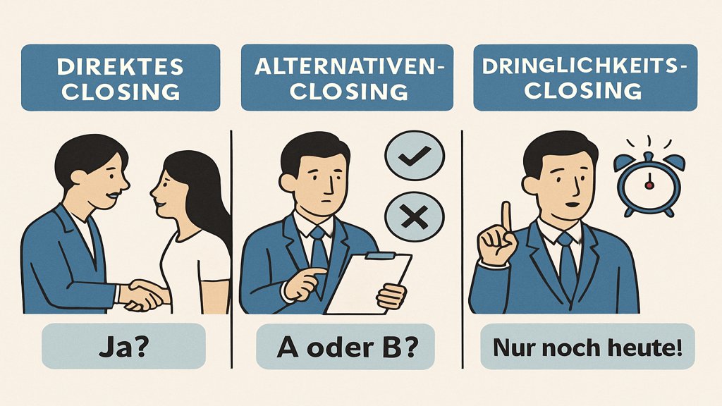 Infografik zu verschiedenen Closing-Techniken im Verkauf.