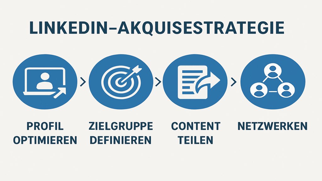 Infografik zur LinkedIn-Akquisestrategie mit den wichtigsten Schritten.
