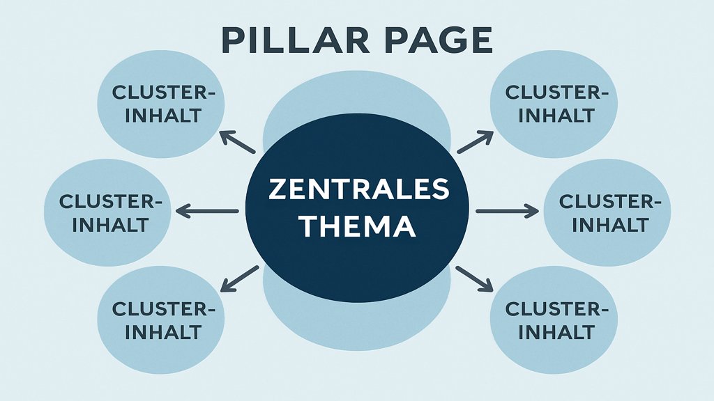 Infografik zur Struktur einer Pillar Page mit zentralem Thema und Cluster-Inhalten.