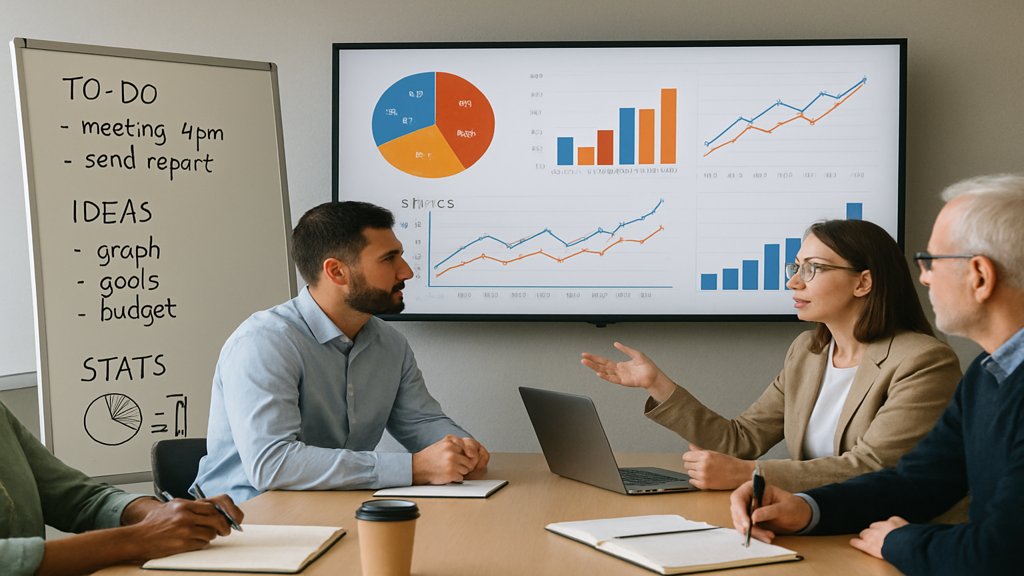 Kollegen diskutieren Statistiken in einem Meetingraum.