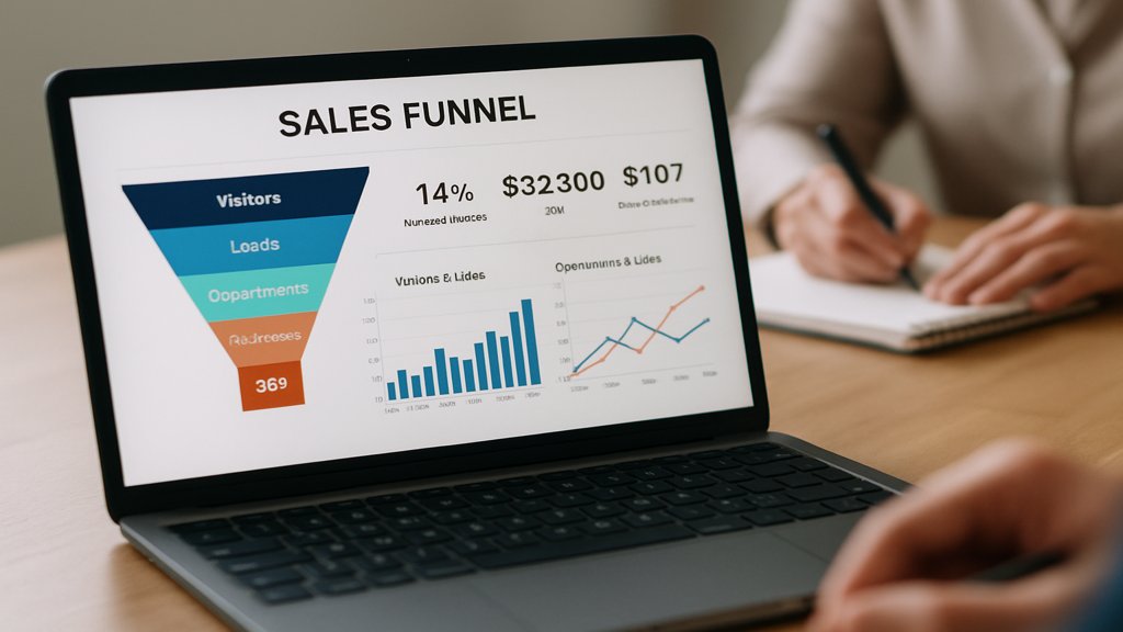 Laptop-Bildschirm zeigt eine Sales Funnel-Analyse mit Diagrammen.