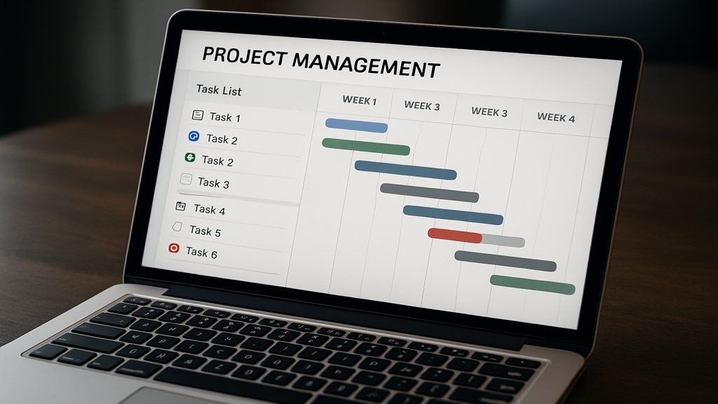 Laptop mit geöffnetem Projektmanagement-Tool und Gantt-Diagrammen.