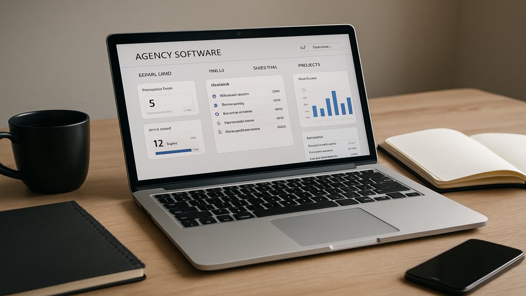 Laptop mit geöffneter Agentursoftware auf einem Schreibtisch.