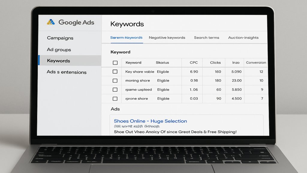 Laptop mit Google Ads-Kampagne und Berichten.