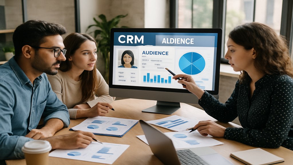 Marketingteam analysiert Zielgruppendaten mit einem CRM-System.
