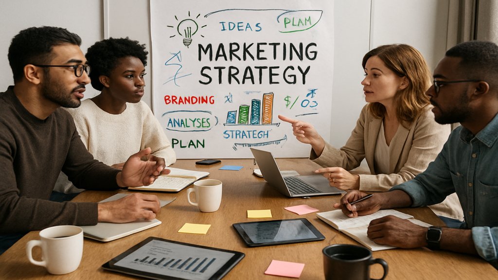 Marketingteam bei einem Brainstorming für Markenpositionierung.