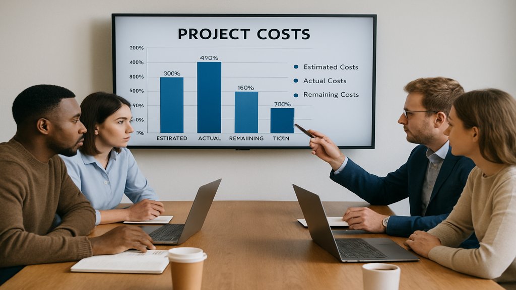 Menschen in einem Meeting, die Projektkosten auf einem Bildschirm analysieren.