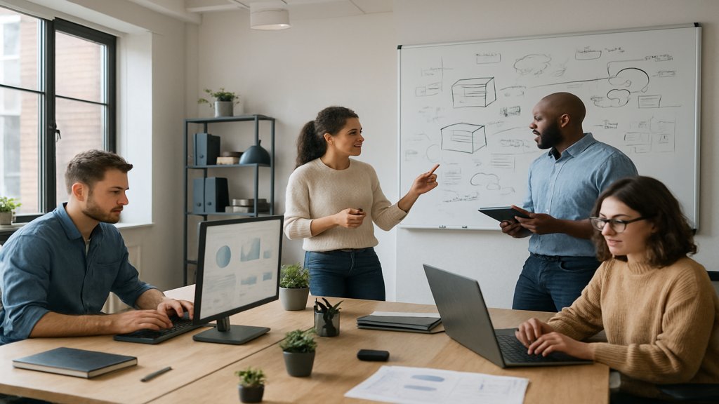 Modernes Büro mit Teamarbeit und kreativer Projektplanung.