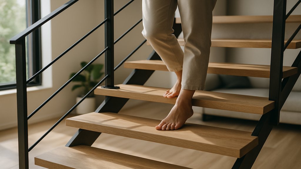 Nahaufnahme einer modernen Holztreppe mit Metallgeländer in einem hellen Wohnraum.