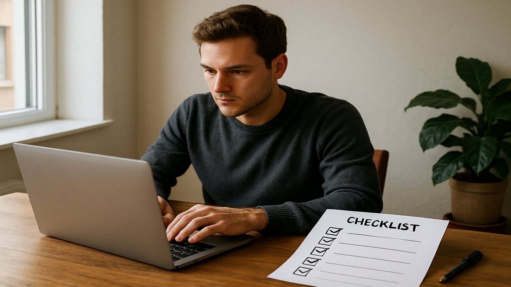 Person arbeitet alleine am Laptop mit einer Checkliste, symbolisiert Eigenverantwortung.