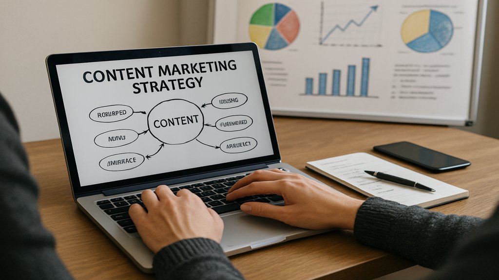 Person arbeitet am Laptop und plant eine Content-Marketing-Strategie.