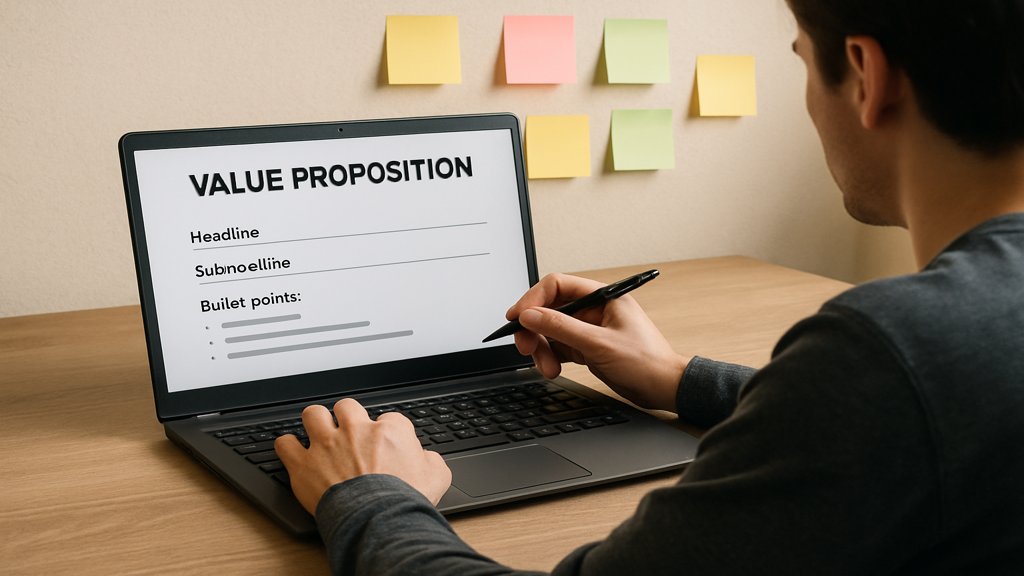 Person arbeitet an einem Laptop und erstellt eine Value Proposition.