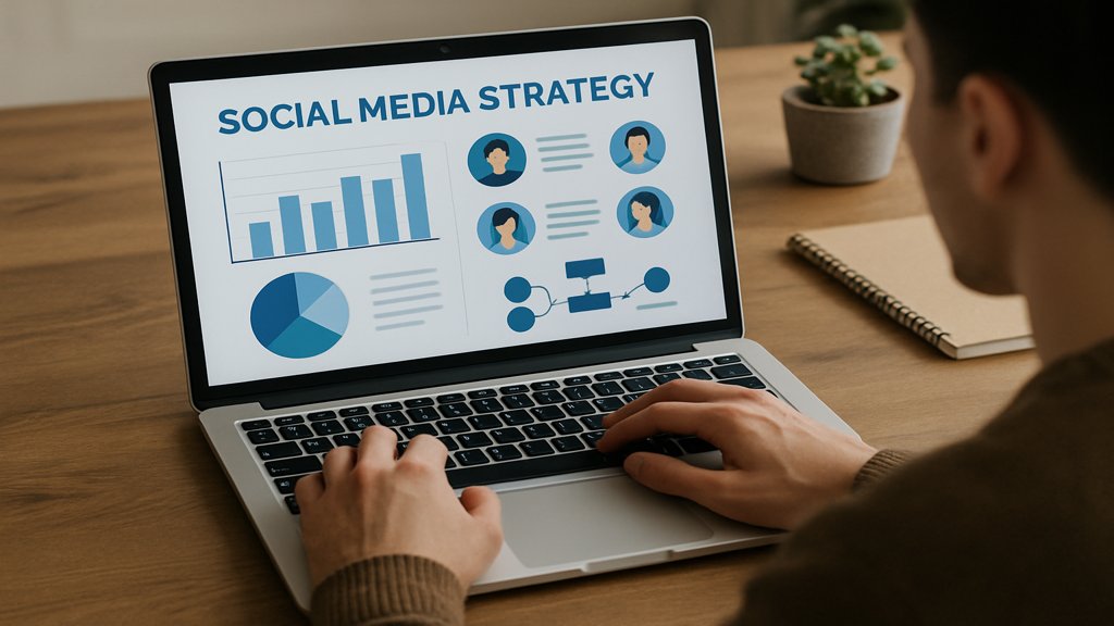 Person arbeitet an Laptop mit Social-Media-Strategie auf dem Bildschirm.