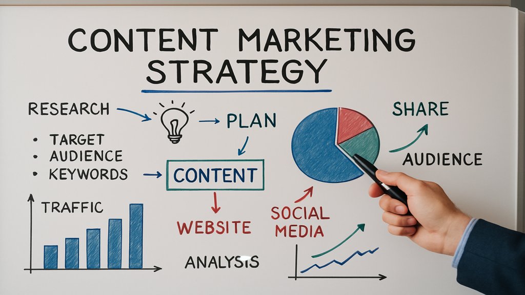 Person erklärt eine Content-Marketing-Strategie an einem Whiteboard.