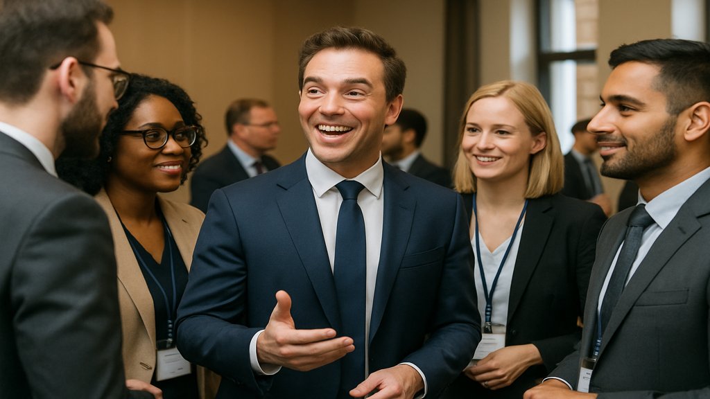 Person hebt sich bei einem Networking-Event durch starke Präsenz hervor.