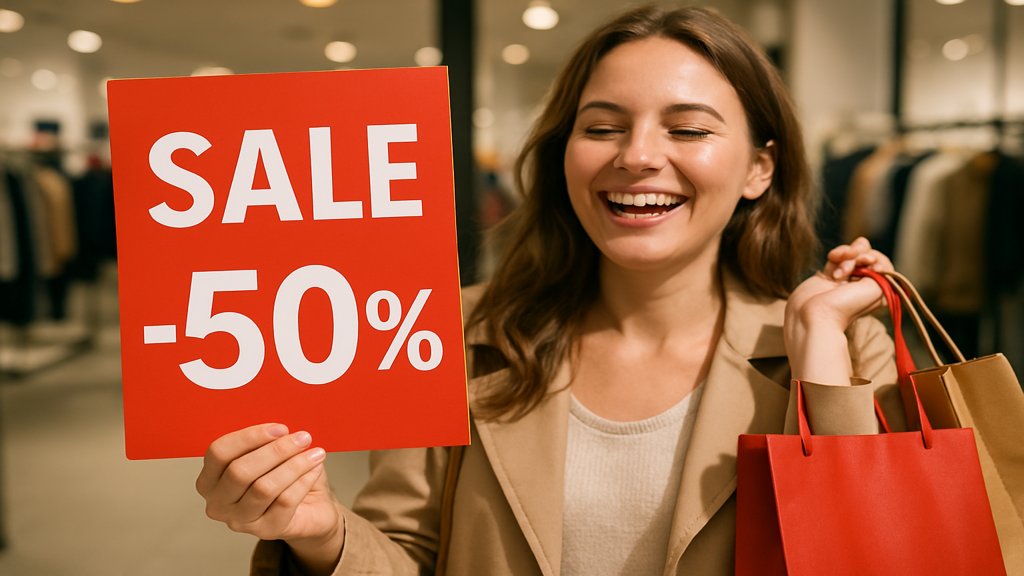 Person nutzt eine Rabattaktion und betrachtet ein Preisschild.