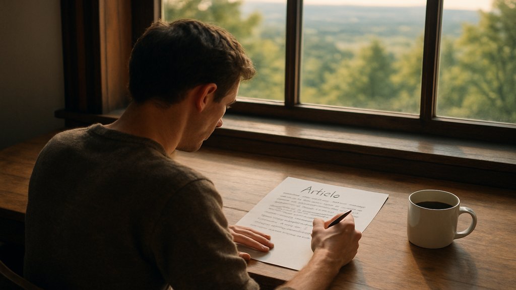 Person schreibt einen Gastartikel in einer inspirierenden Umgebung.