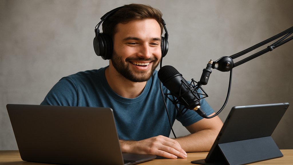 Podcaster spricht in ein Mikrofon während der Aufnahme.