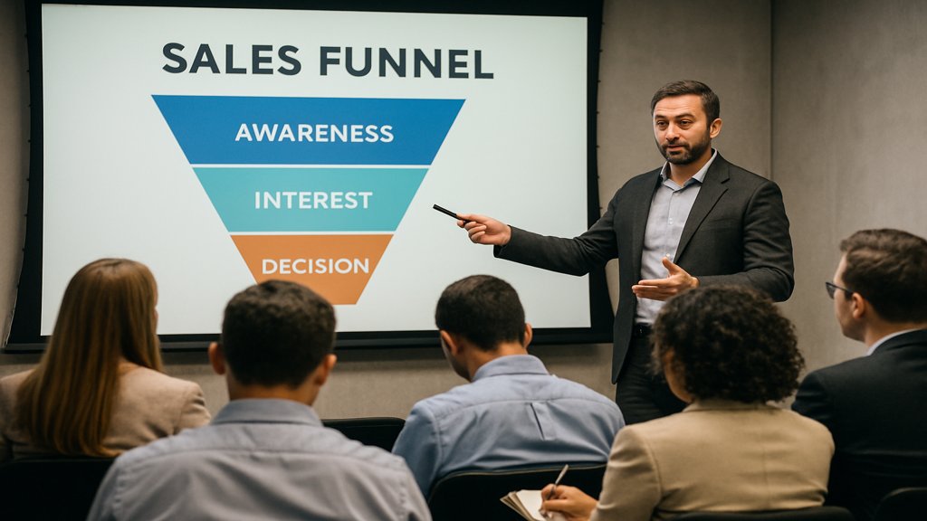 Präsentation über Sales Funnel vor einem interessierten Publikum.