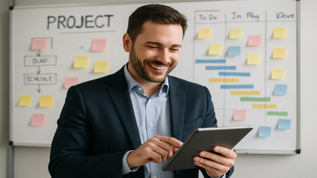 Projektmanager arbeitet mit Tablet vor einem Whiteboard mit Projektplänen.