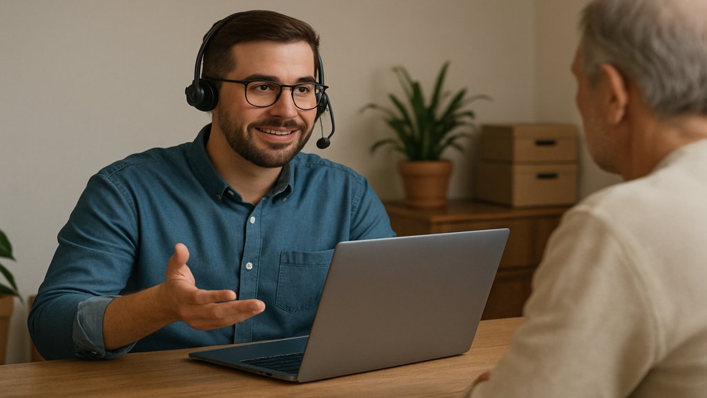 Support-Mitarbeiter hilft bei der Einrichtung eines CRM-Systems.