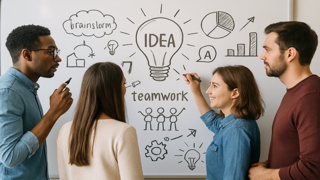 Team arbeitet an einer kreativen Strategie, um Thought Leadership zu fördern.